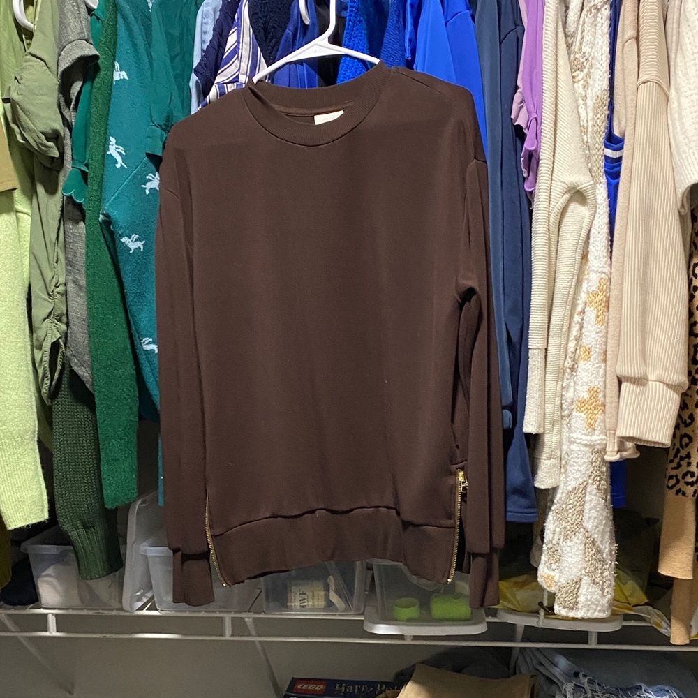 Varley Brown Crewneck Sweater with Side Zip small